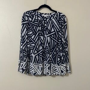 Annie Griffin Women’s Navy and White Geometric Print Silk Top Sz Large